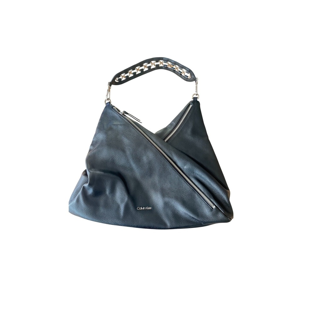 Calvin Klein Black Pebbled Faux Leather Asymmetrical Zip Hobo Bag Boho vegan - Picture 9 of 12